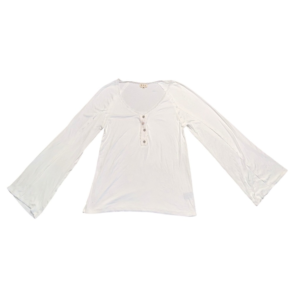 POL Henley Top Womens Medium White Excellent Lace‎ Trim Bell Sleeve UKT71 Cotton
